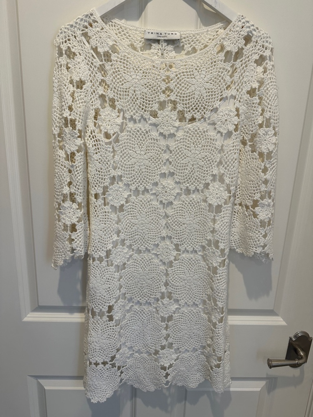 Trina Turk Cream Crochet Long-Sleeve Shift Dress With Detachable Slip